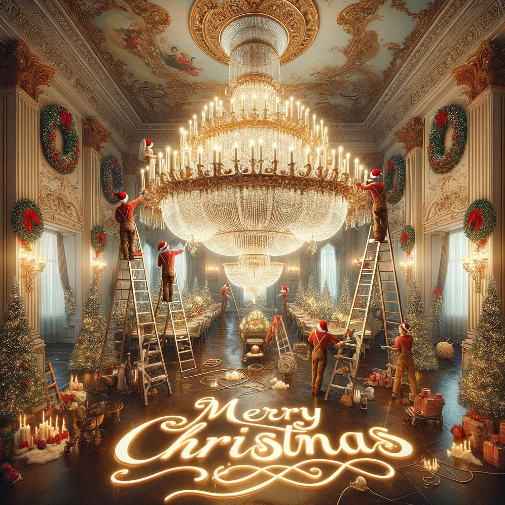 A festive Christmas scene with a focus on chandelier clean. The image features a grand, ornately decorated room with a large, sparkling chandelier at its center. Around the chandelier, there are individuals on ladders, wearing Santa hats, cleaning and polishing the chandelier. The room is adorned with traditional Christmas decorations like wreaths, garlands, and red and green ornaments. In the foreground, "Merry Christmas" is written in elegant, cursive script, adding to the holiday spirit of the scene. The ambiance is warm and inviting, with soft, glowing lights adding to the festive atmosphere.